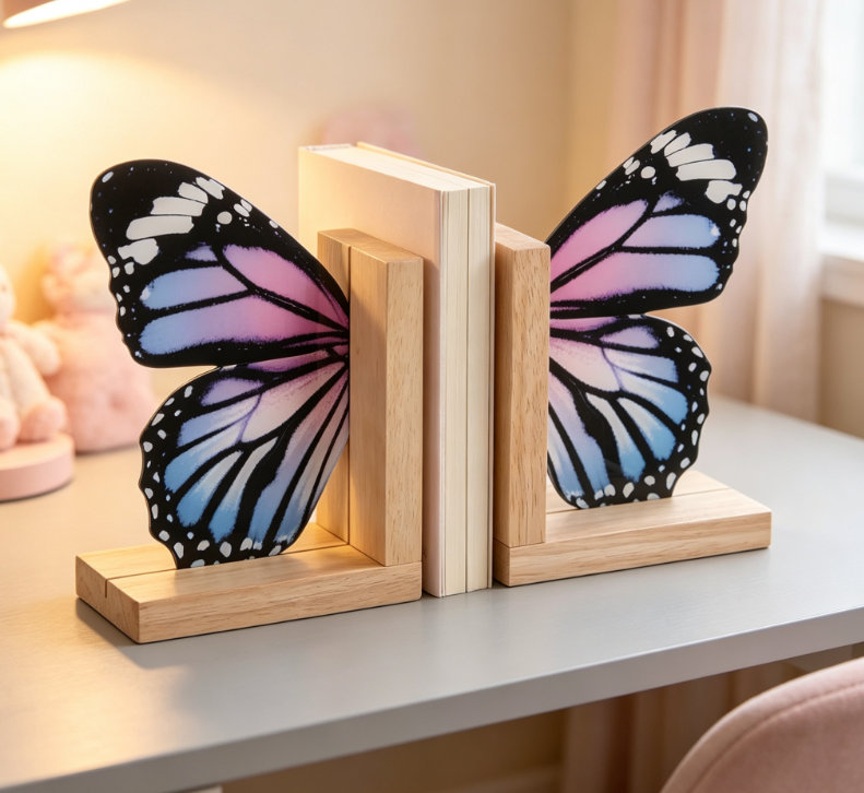 Butterfly-Shaped Wood & Acrylic Bookends – Modern Decor (Set of 2)